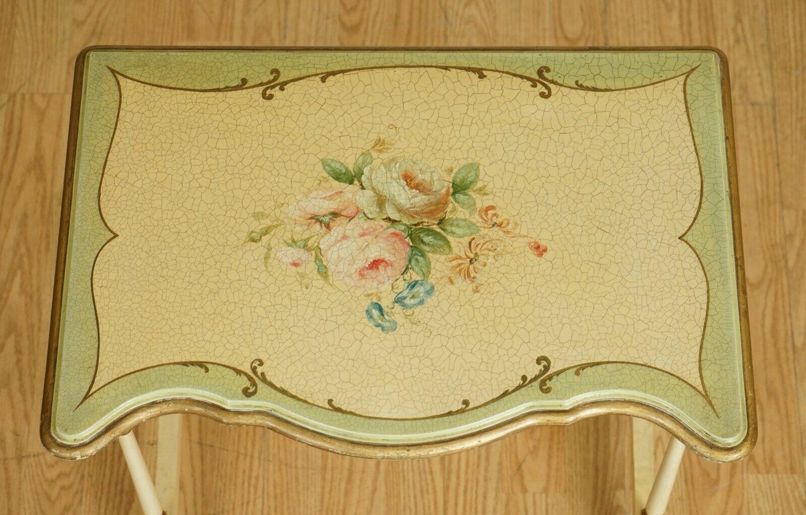 Hardwood Vintage French Hand Painted Floral Nest of Tables For Sale