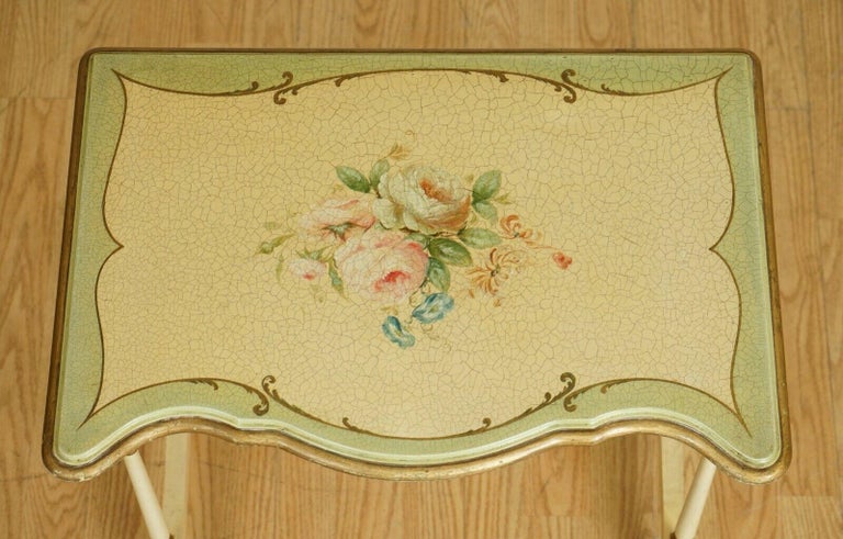 Vintage French Hand Painted Floral Nest of Tables For Sale 1