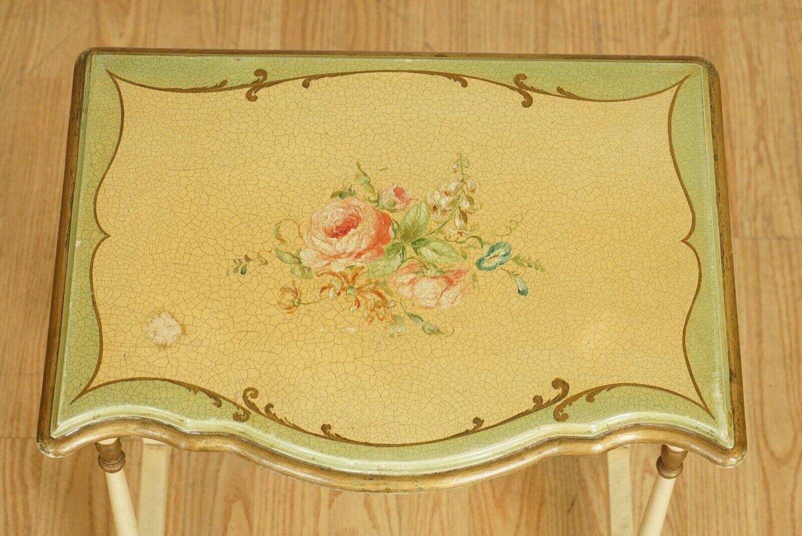 Vintage French Hand Painted Floral Nest of Tables For Sale 2