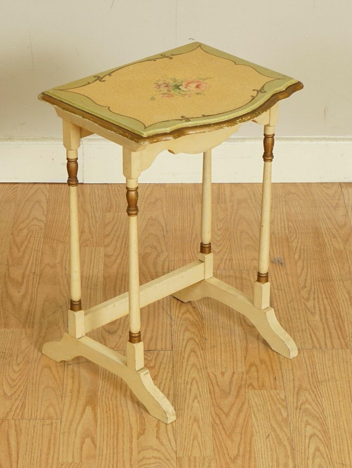 Vintage French Hand Painted Floral Nest of Tables For Sale 3
