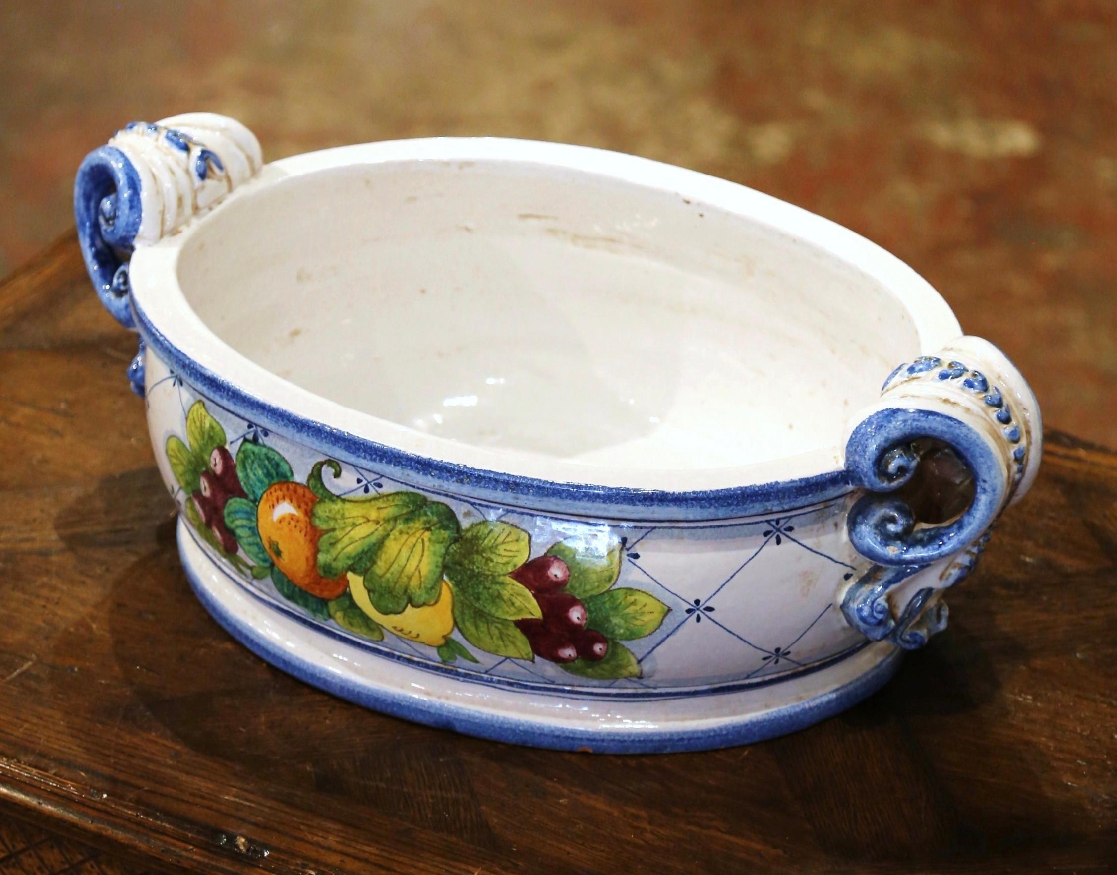 Vintage French Hand Painted Oval Dish with Handles In Excellent Condition In Dallas, TX