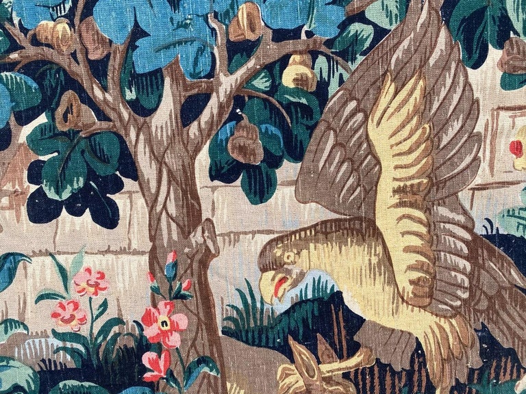 Cotton Vintage French Hand Painted Tapestry For Sale
