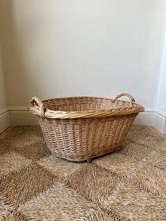 Vintage French Handwoven Rustic Wicker Laundry Storage Basket