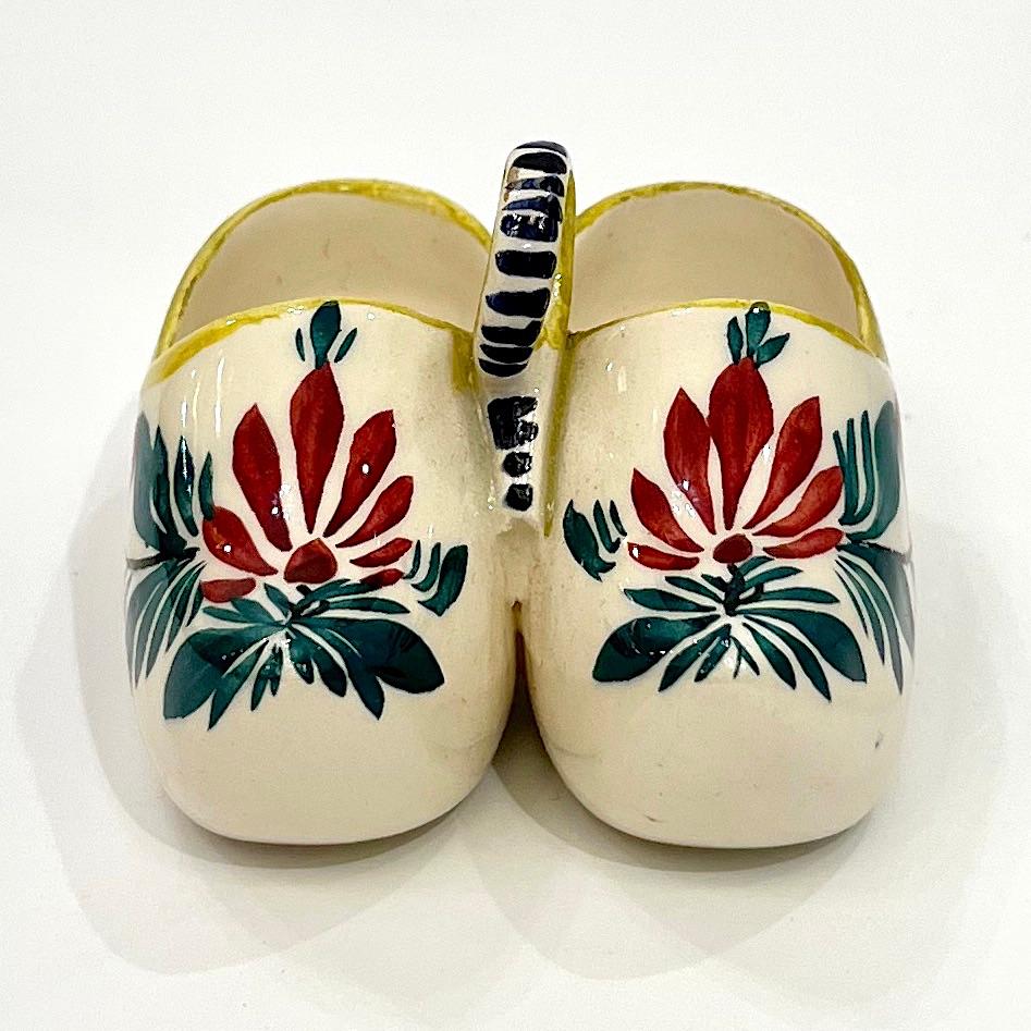 20th Century Vintage French HB Majolica Pottery Red Green Cream Clogs Salt & Pepper Holder For Sale