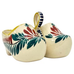 Retro French HB Majolica Pottery Red Green Cream Clogs Salt & Pepper Holder