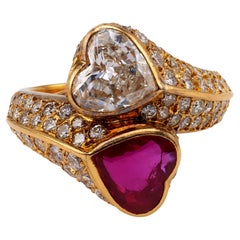 Vintage French Heart Cut Diamond and Ruby 18k Yellow Gold Bypass Ring