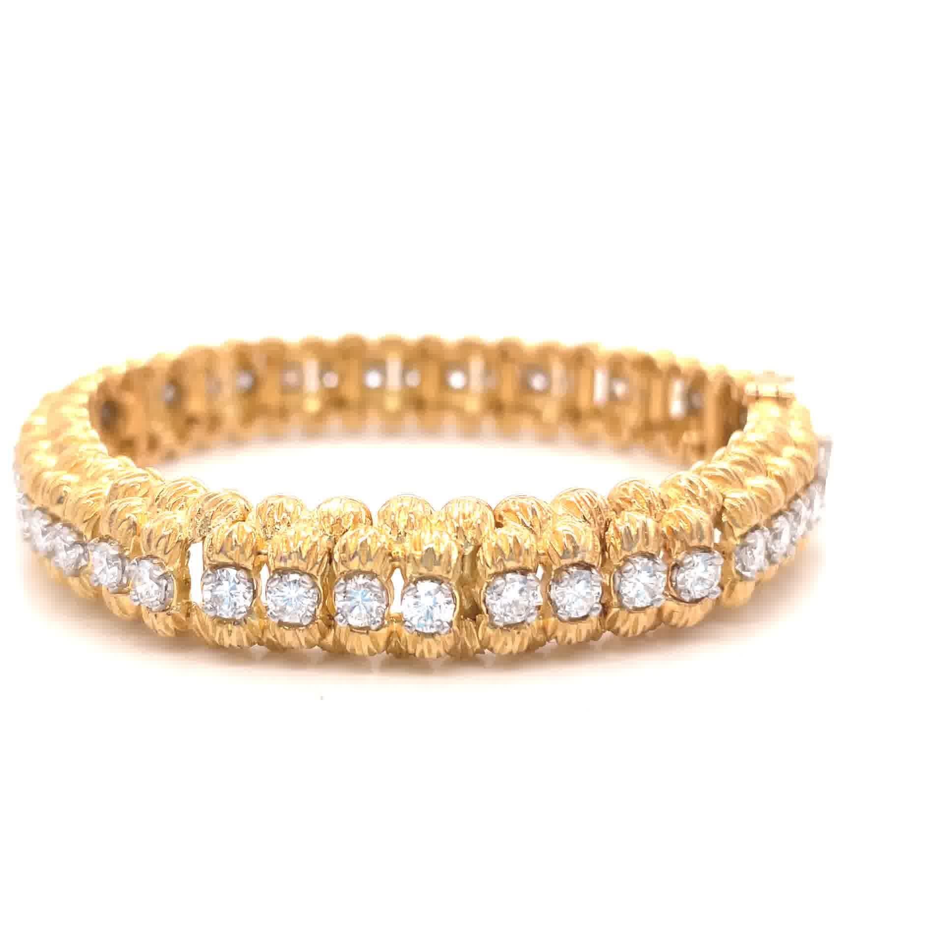 Nothing highlights a woman's beauty better than a gold diamond bracelet on her elegant wrists. Adorn yourself with style and elegance, using this Vintage Heyman Brothers Diamond 18k Gold Bracelet. It's accented by 46 Round Brilliant Cut diamonds