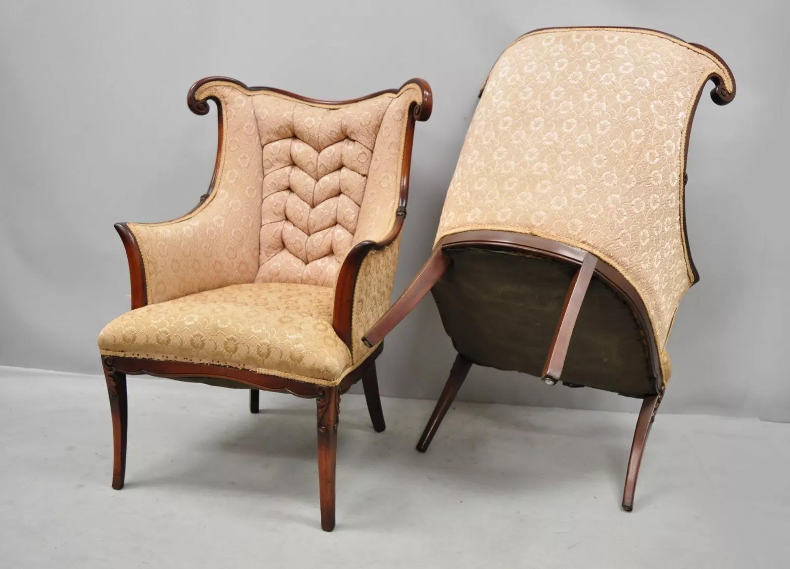 Vintage French Hollywood Regency Art Deco Style Mahogany Arm Chairs - a Pair For Sale 6