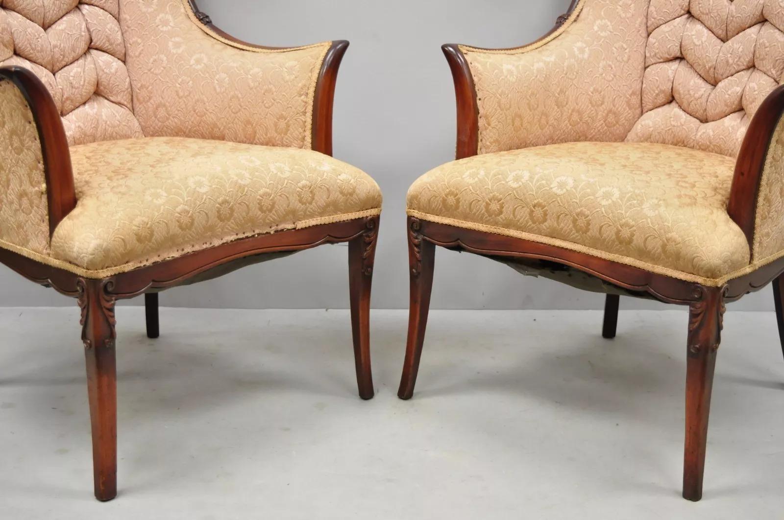 Vintage French Hollywood Regency Art Deco Style Mahogany Arm Chairs - a Pair In Good Condition For Sale In Philadelphia, PA