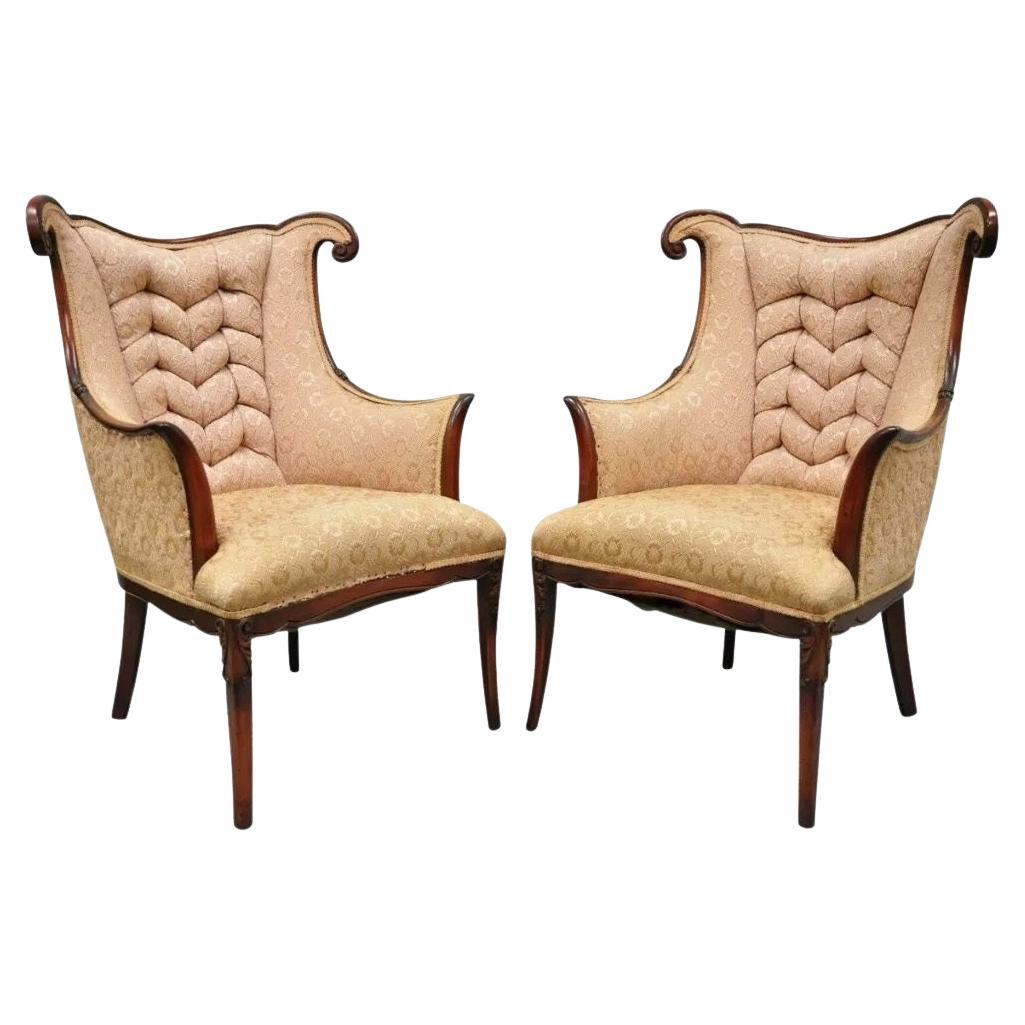 Vintage French Hollywood Regency Art Deco Style Mahogany Arm Chairs - a Pair