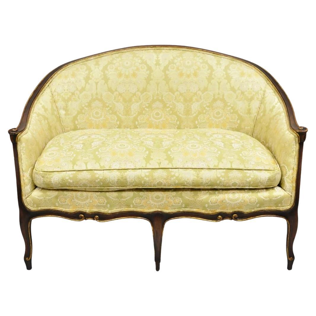 Vintage French Hollywood Regency Barrel Back Upholstered Loveseat Settee Sofa
