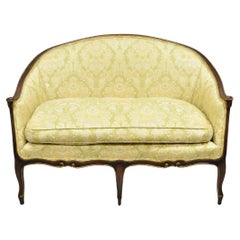 Vintage French Hollywood Regency Barrel Back Upholstered Loveseat Settee Sofa