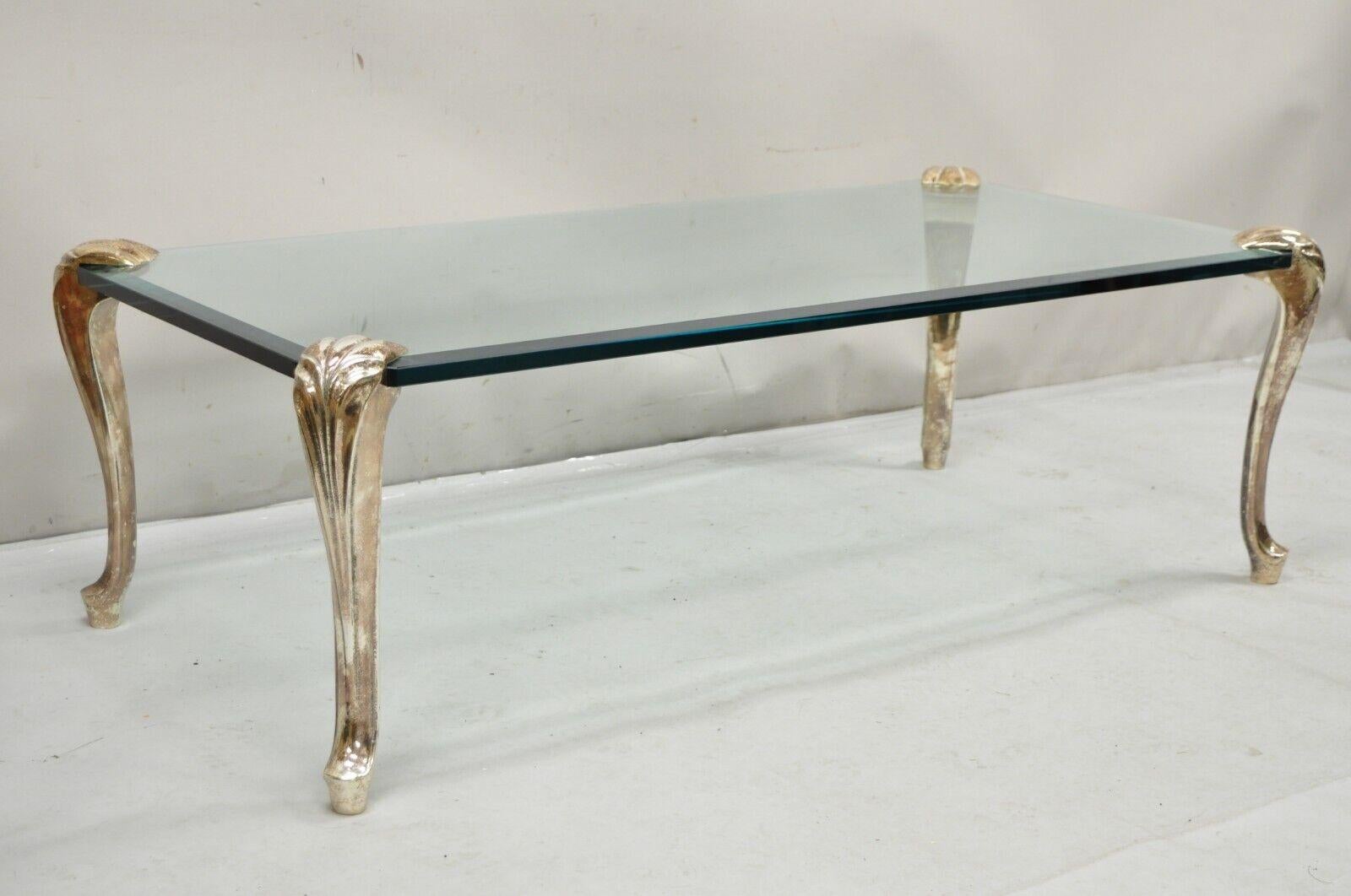 Vintage French Hollywood Regency Beveled Glass Bronze Cabriole Leg Coffee Table For Sale 8