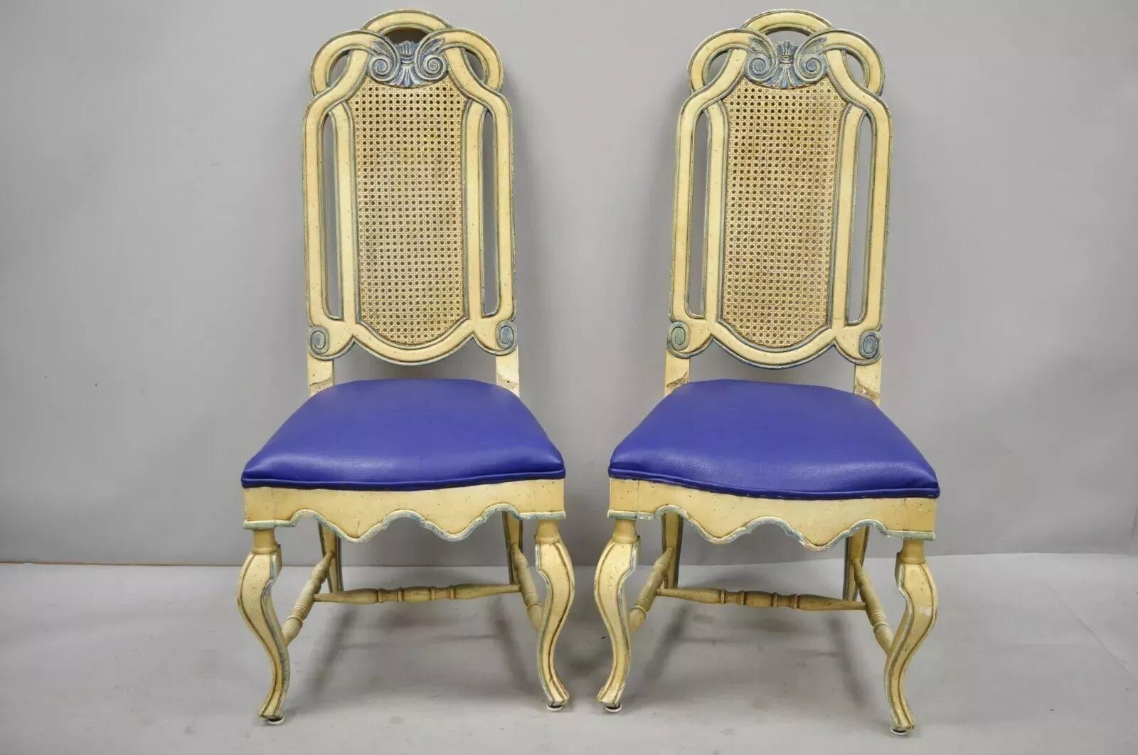 Vintage French Hollywood Regency Cane Pretzel Back Cream Dining Chairs - Set of 6. Item features (6) side chairs, cane backs, solid wood frame, nicely carved details, cabriole, great style and form. Circa Mid 20th Century. Measurements: 46