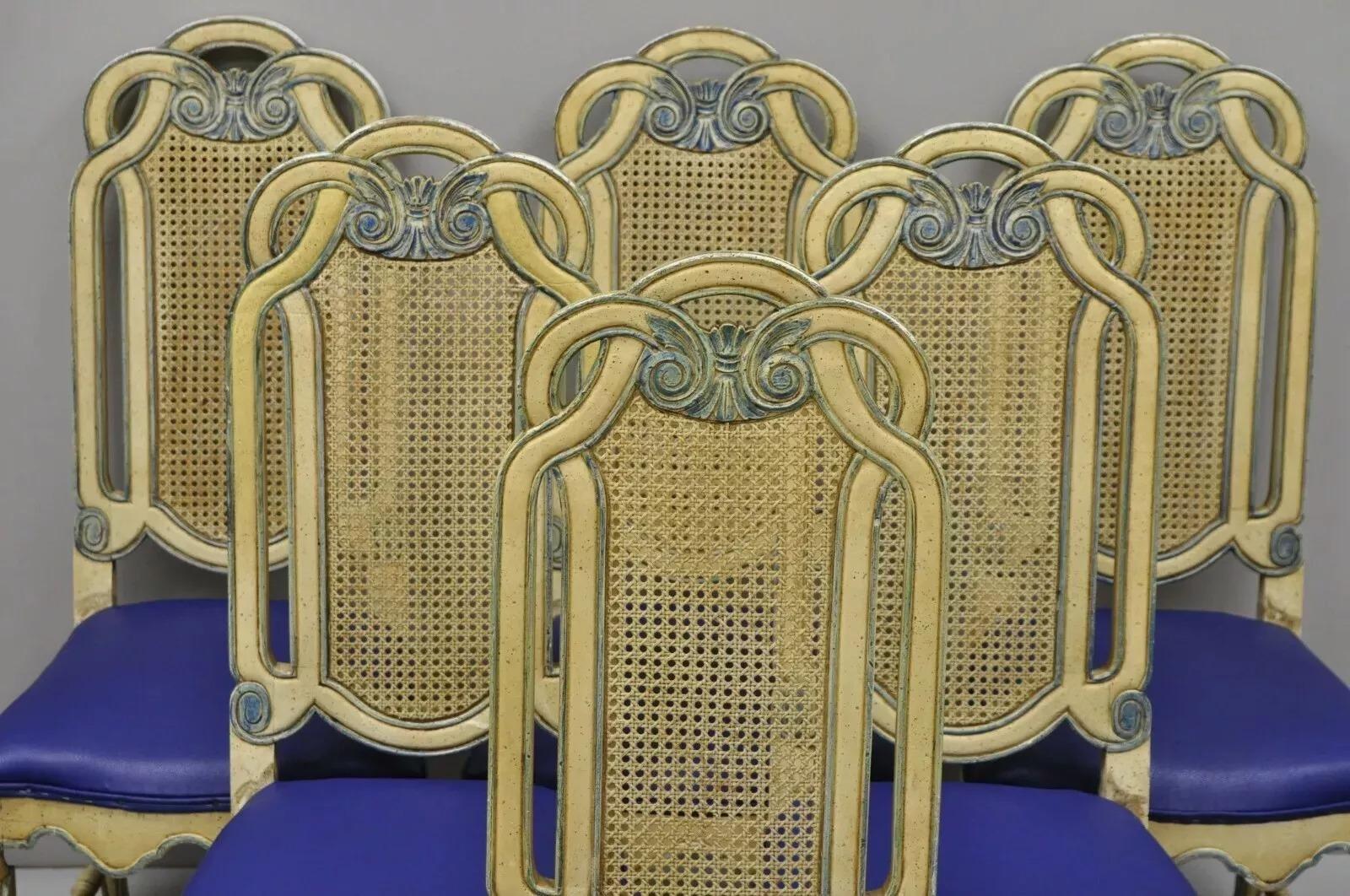 Unknown Vintage French Hollywood Regency Cane Pretzel Back Cream Dining Chair - Set of 6 For Sale