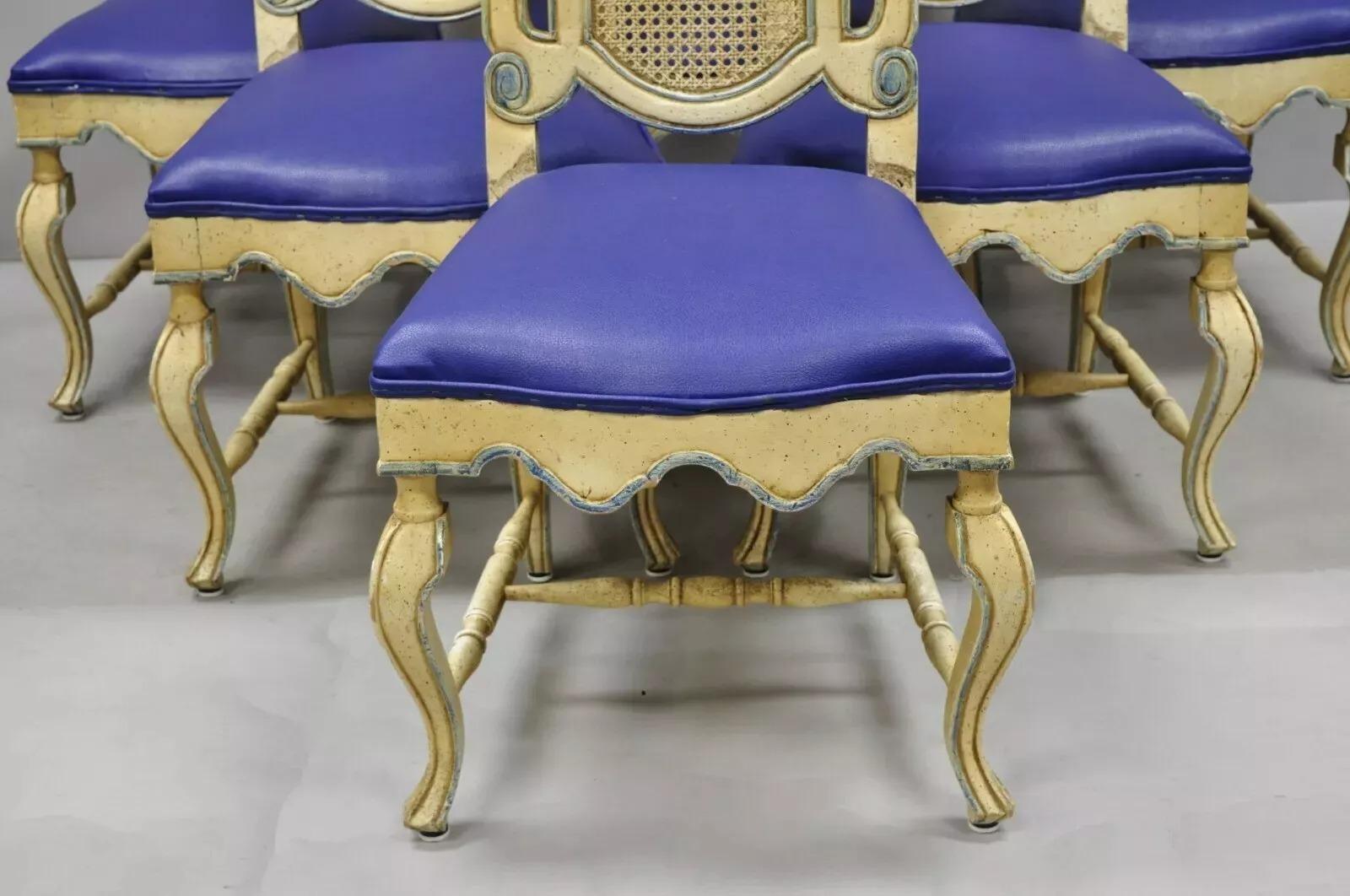 Vintage French Hollywood Regency Cane Pretzel Back Cream Dining Chair - Set of 6 In Good Condition For Sale In Philadelphia, PA