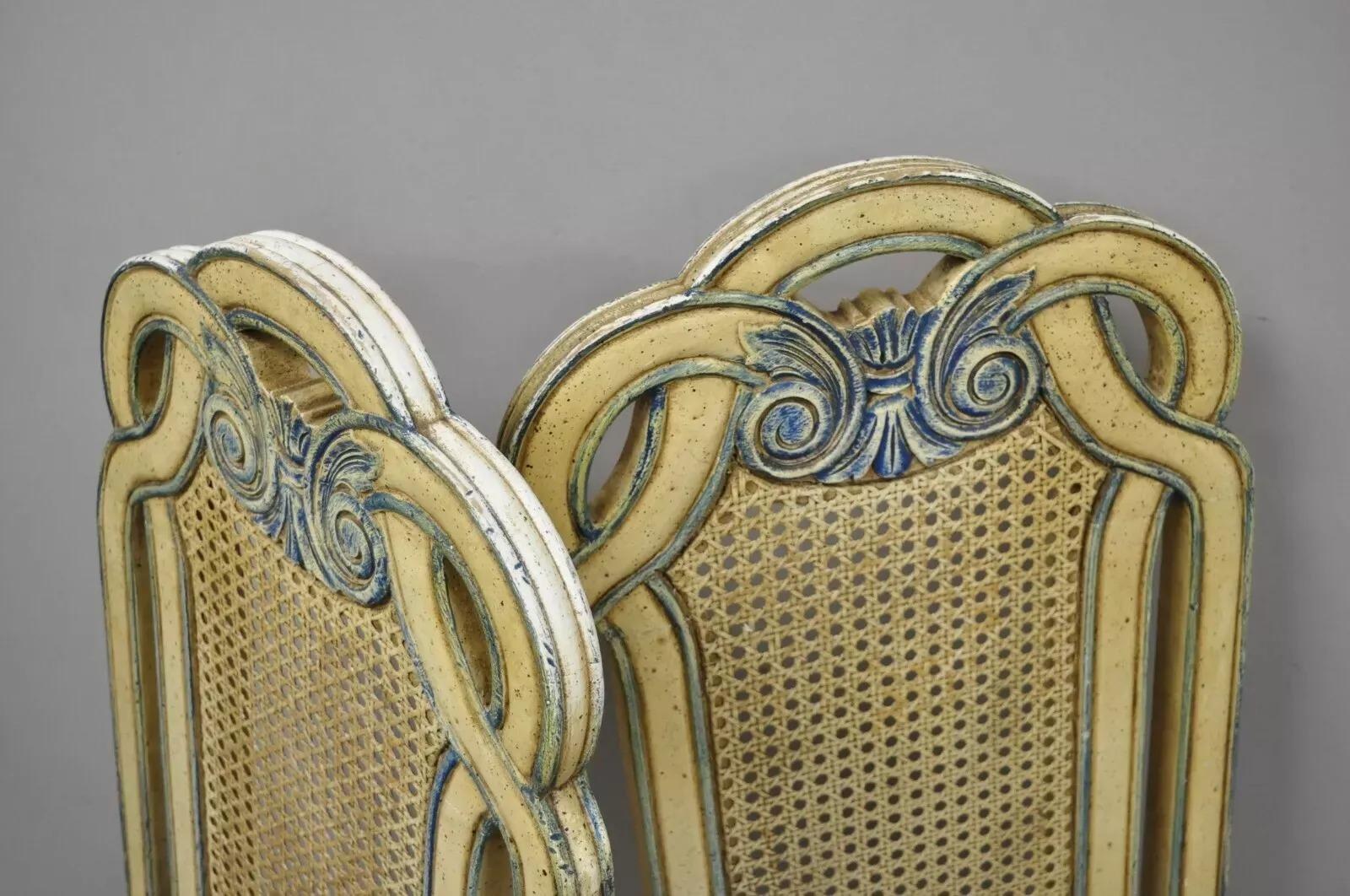 20th Century Vintage French Hollywood Regency Cane Pretzel Back Cream Dining Chair - Set of 6 For Sale