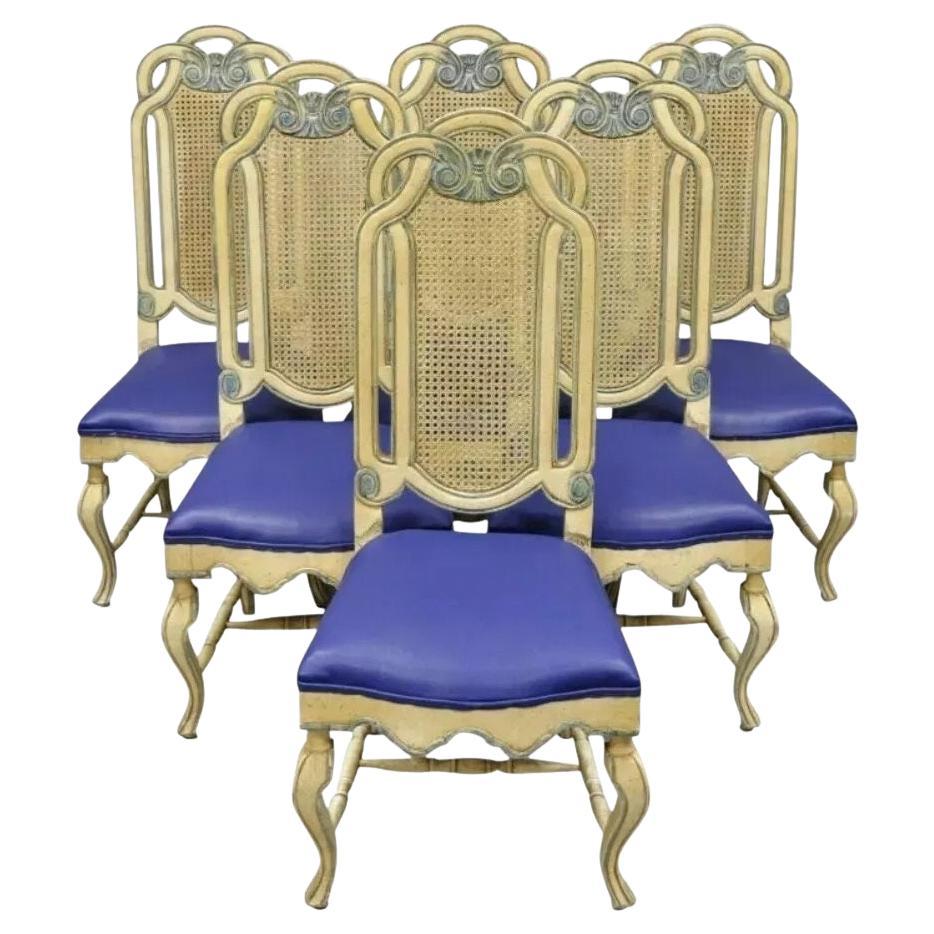 Vintage French Hollywood Regency Cane Pretzel Back Cream Dining Chair - Set of 6