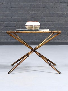 Vintage French Hollywood Regency Faux Bamboo Gilt Iron & Glass Side Table