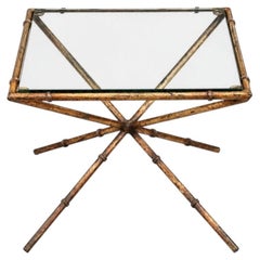 Vintage French Hollywood Regency Faux Bamboo Gilt Iron & Glass Side Table