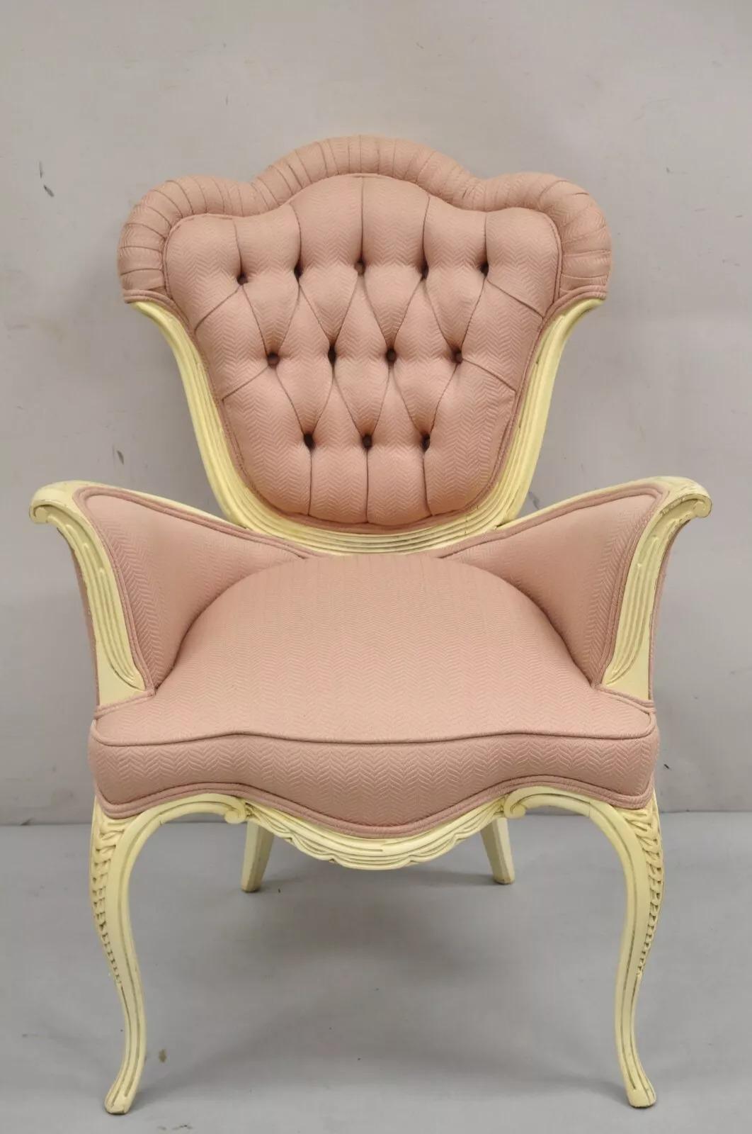 Vintage French Hollywood Regency Flared Arm Cream Painted Pink Arm Chair For Sale 6