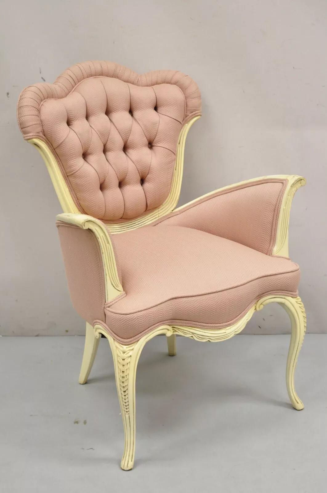 Vintage French Hollywood Regency Flared Arm Cream Painted Pink Arm Chair. Circa Mid 20th Century. Measurements: 38