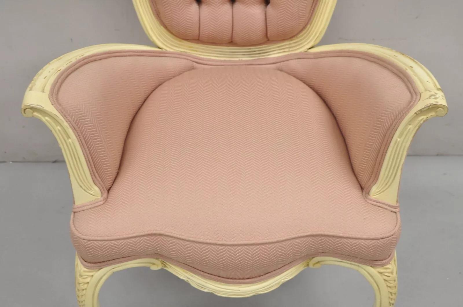 Vintage French Hollywood Regency Flared Arm Cream Painted Pink Arm Chair In Good Condition For Sale In Philadelphia, PA
