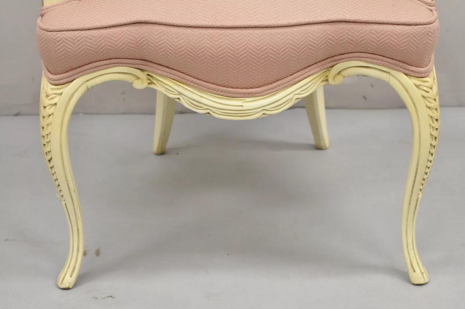 20th Century Vintage French Hollywood Regency Flared Arm Cream Painted Pink Arm Chair For Sale