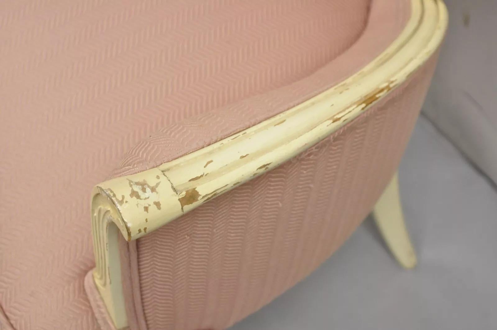Wood Vintage French Hollywood Regency Flared Arm Cream Painted Pink Arm Chair For Sale