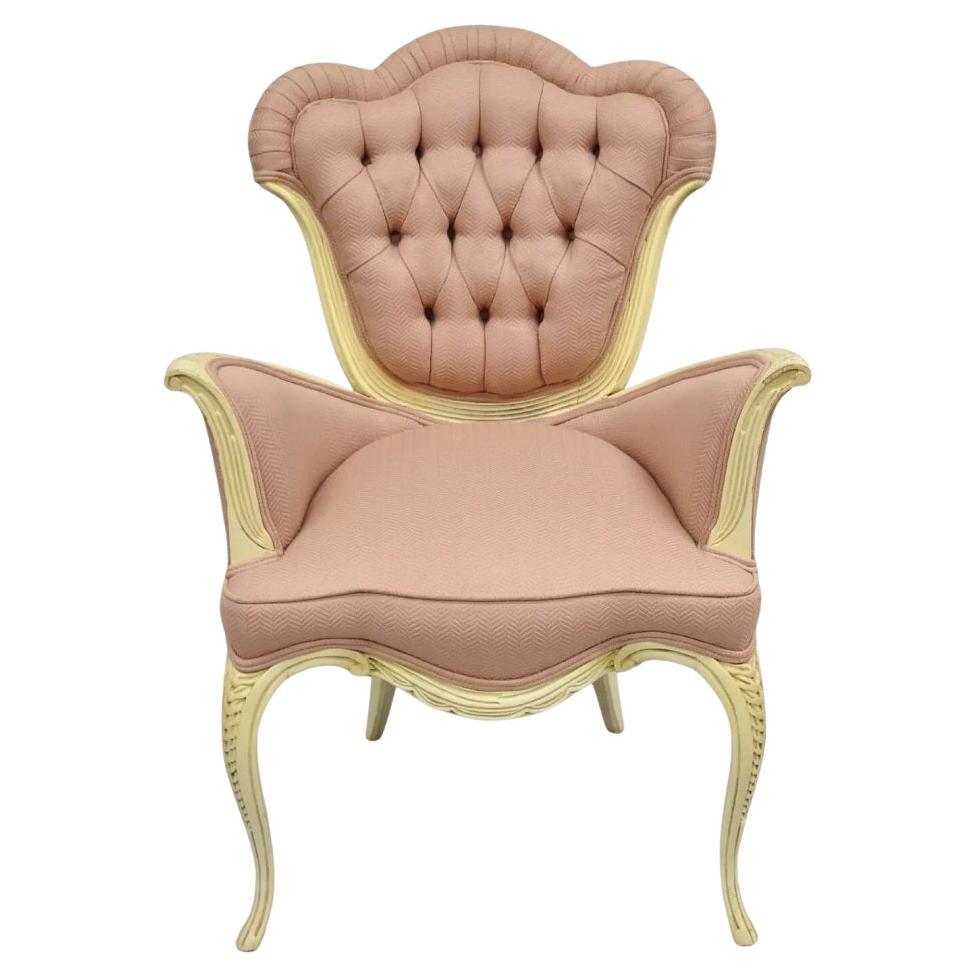 Vintage French Hollywood Regency Flared Arm Cream Painted Pink Arm Chair