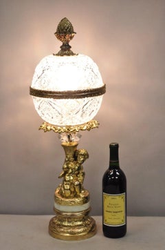 Vintage French Hollywood Regency Gold Cherub Crystal Glass Globe Table Lamp