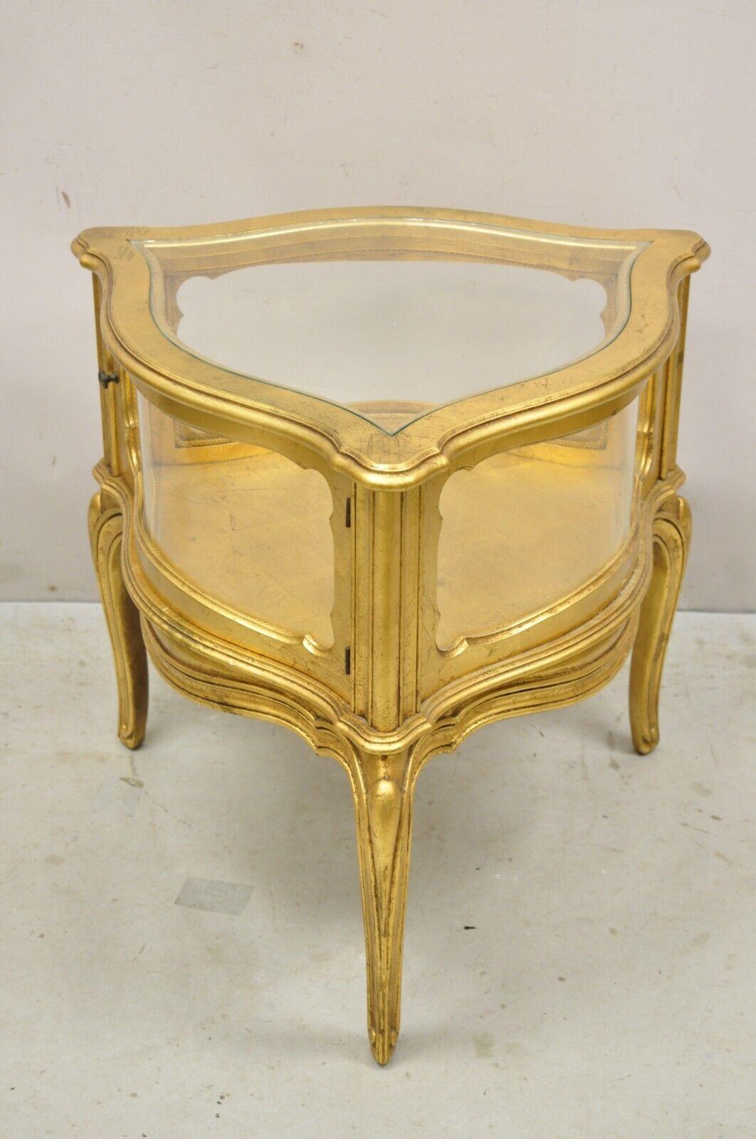Vintage French Hollywood Regency Gold Giltwood Triangular Display Cabinet Table 6