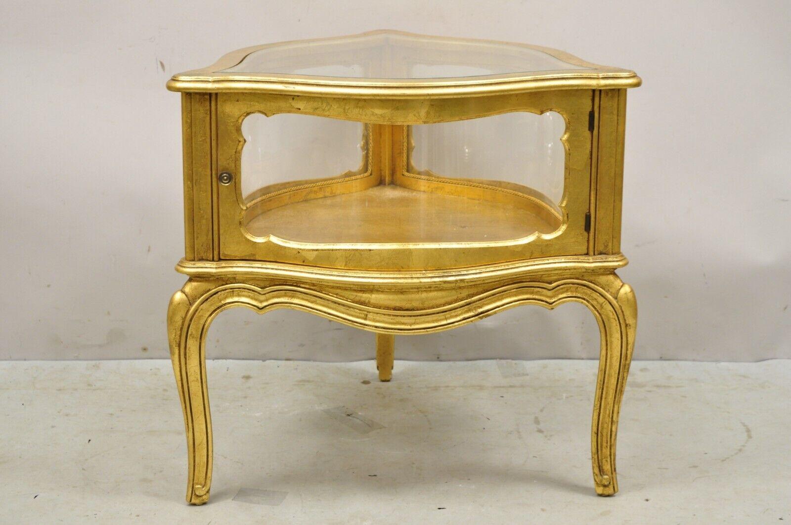 Vintage French Hollywood Regency Gold Giltwood Triangular Display Cabinet Table 7