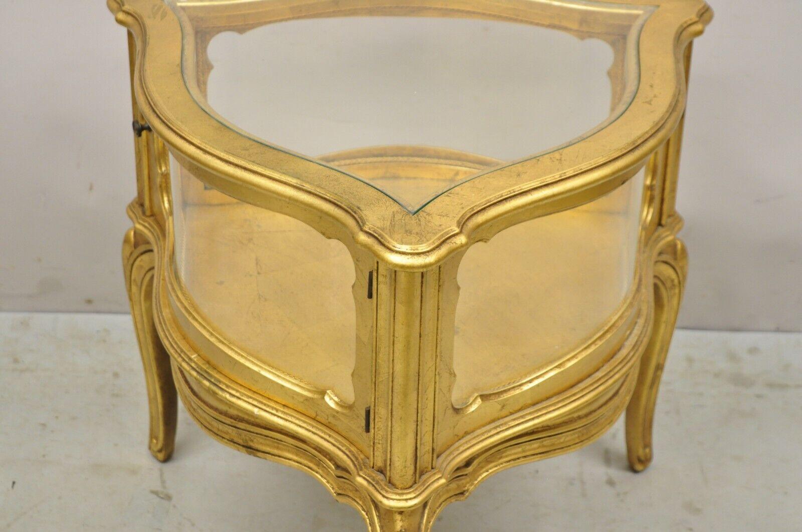 20th Century Vintage French Hollywood Regency Gold Giltwood Triangular Display Cabinet Table