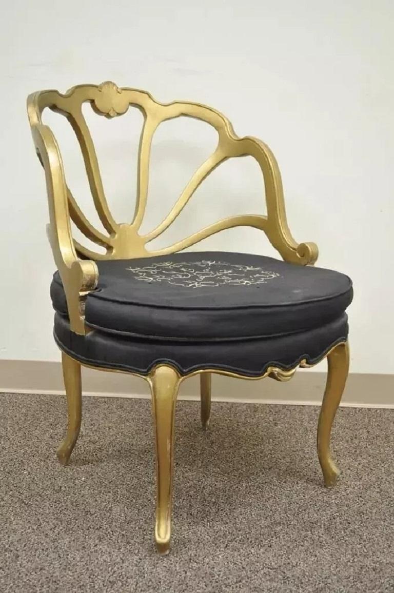 Vintage French Hollywood Regency Gold Shell Carved Boudoir Slipper Accent Chair For Sale 6