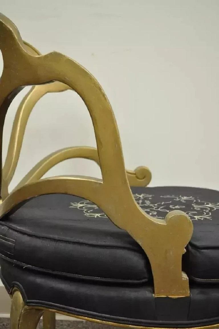 Fabric Vintage French Hollywood Regency Gold Shell Carved Boudoir Slipper Accent Chair For Sale