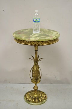 Vintage French Hollywood Regency Green Onyx Stone Top Round Brass Side Table