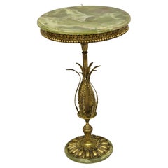 Vintage French Hollywood Regency Green Onyx Stone Top Round Brass Side Table