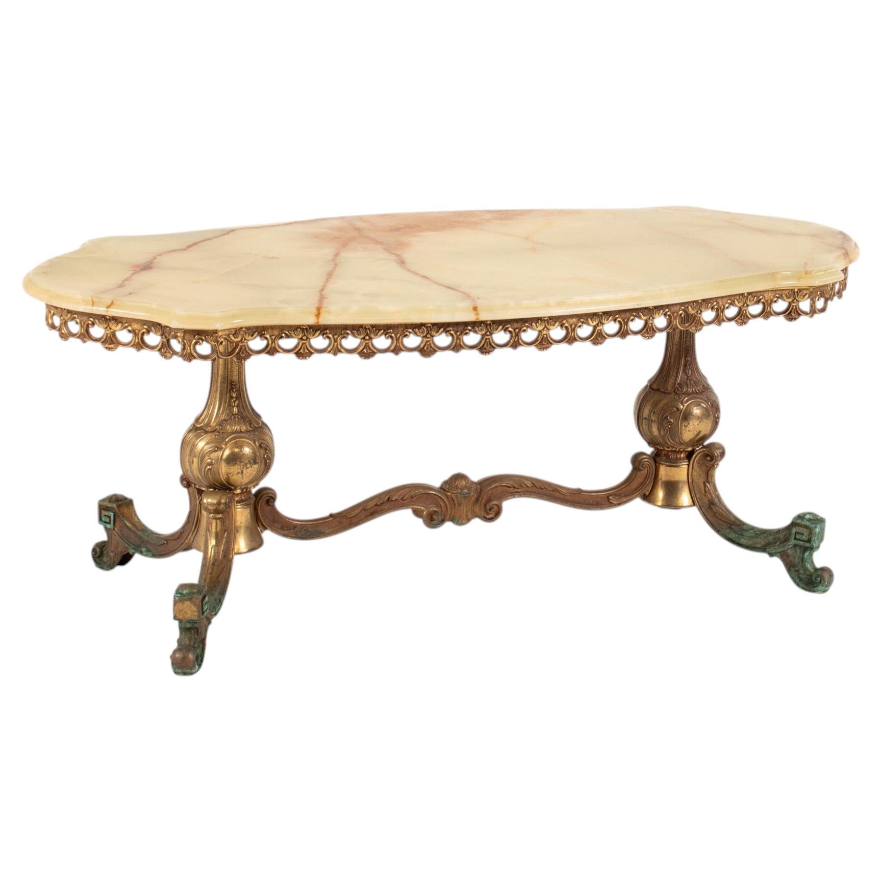 Vintage French Hollywood Regency Onyx Coffee Table with Brass Base, 1950s