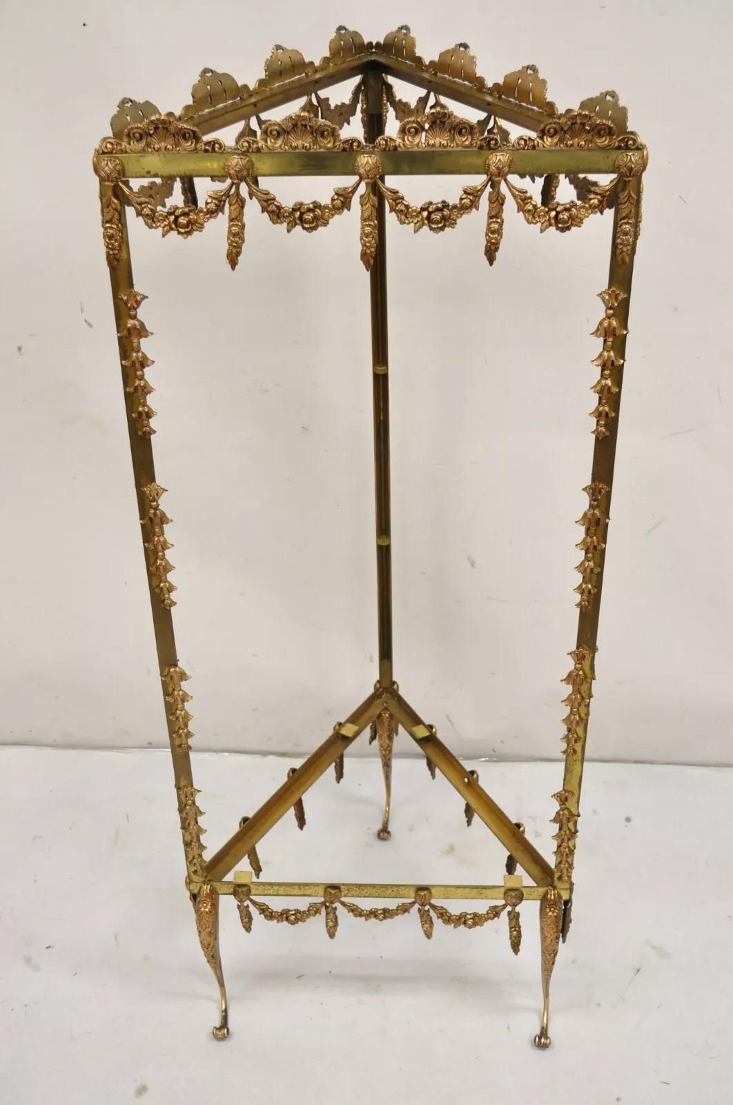 Vintage French Hollywood Regency Ornate Brass Triangular Etagere Stands - Pair For Sale 7