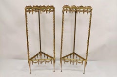 Vintage French Hollywood Regency Ornate Brass Triangular Etagere Stands - Pair