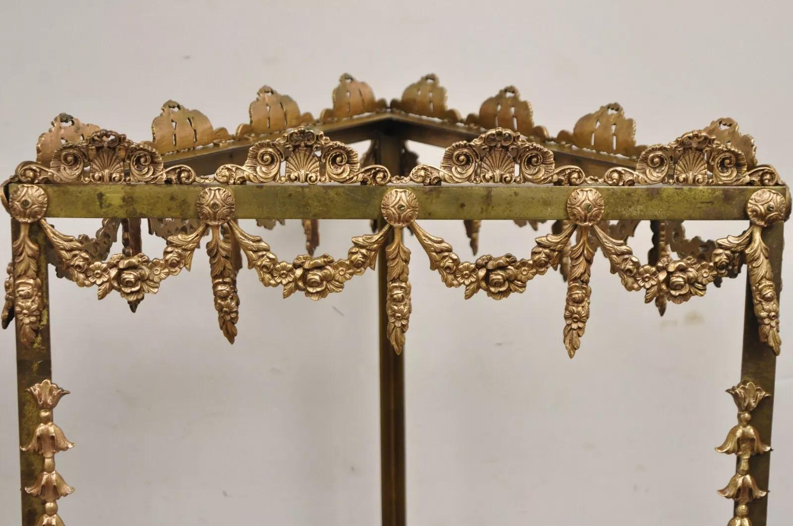 Unknown Vintage French Hollywood Regency Ornate Brass Triangular Etagere Stands - Pair For Sale