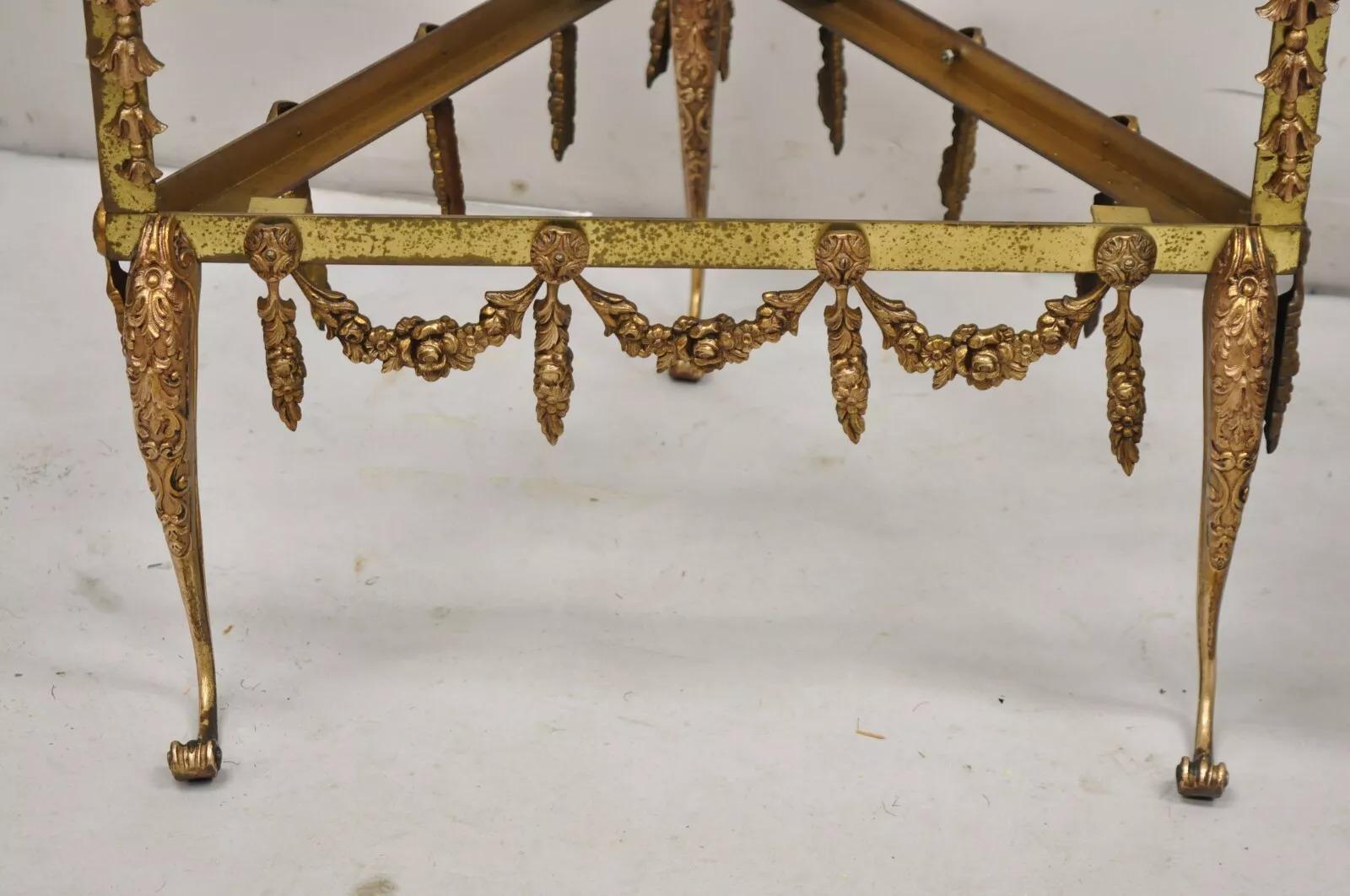 Vintage French Hollywood Regency Ornate Brass Triangular Etagere Stands - Pair In Good Condition For Sale In Philadelphia, PA