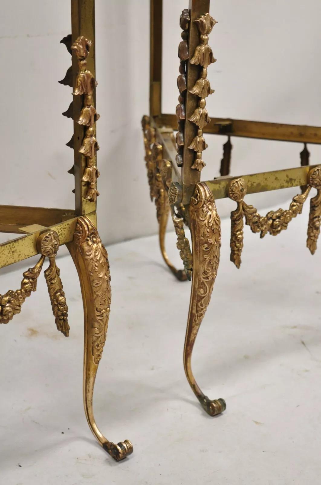 20th Century Vintage French Hollywood Regency Ornate Brass Triangular Etagere Stands - Pair For Sale