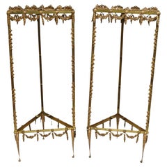 Vintage French Hollywood Regency Ornate Brass Triangular Etagere Stands - Pair