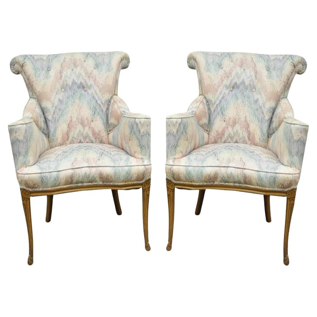 Vintage French Hollywood Regency Rolled Back Fireside Parlor Arm Chairs - a Pair