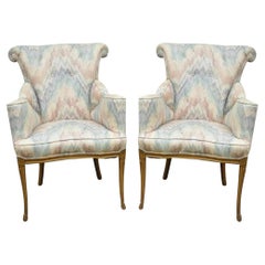 Vintage French Hollywood Regency Rolled Back Fireside Parlor Arm Chairs - a Pair