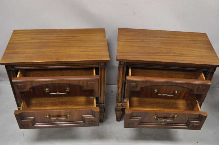 Walnut Vintage French Hollywood Regency Style 2 Drawer Nightstand Bedside Table, Pair For Sale
