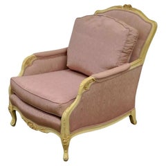Vintage French Hollywood Regency Style Cream Carved Parlor Fireside Lounge Chair