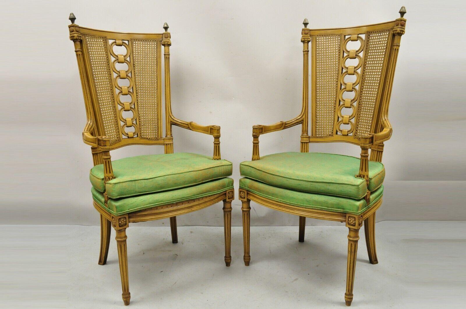 Vintage French Hollywood Regency Tall Cane Back Carved Link Chairs, a Pair For Sale 7